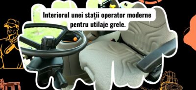Cabina unui utilaj greu cu afișaj modern și scaun ergonomic