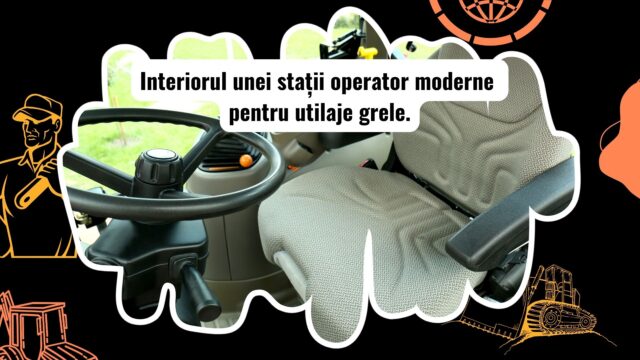 Cabina unui utilaj greu cu afișaj modern și scaun ergonomic